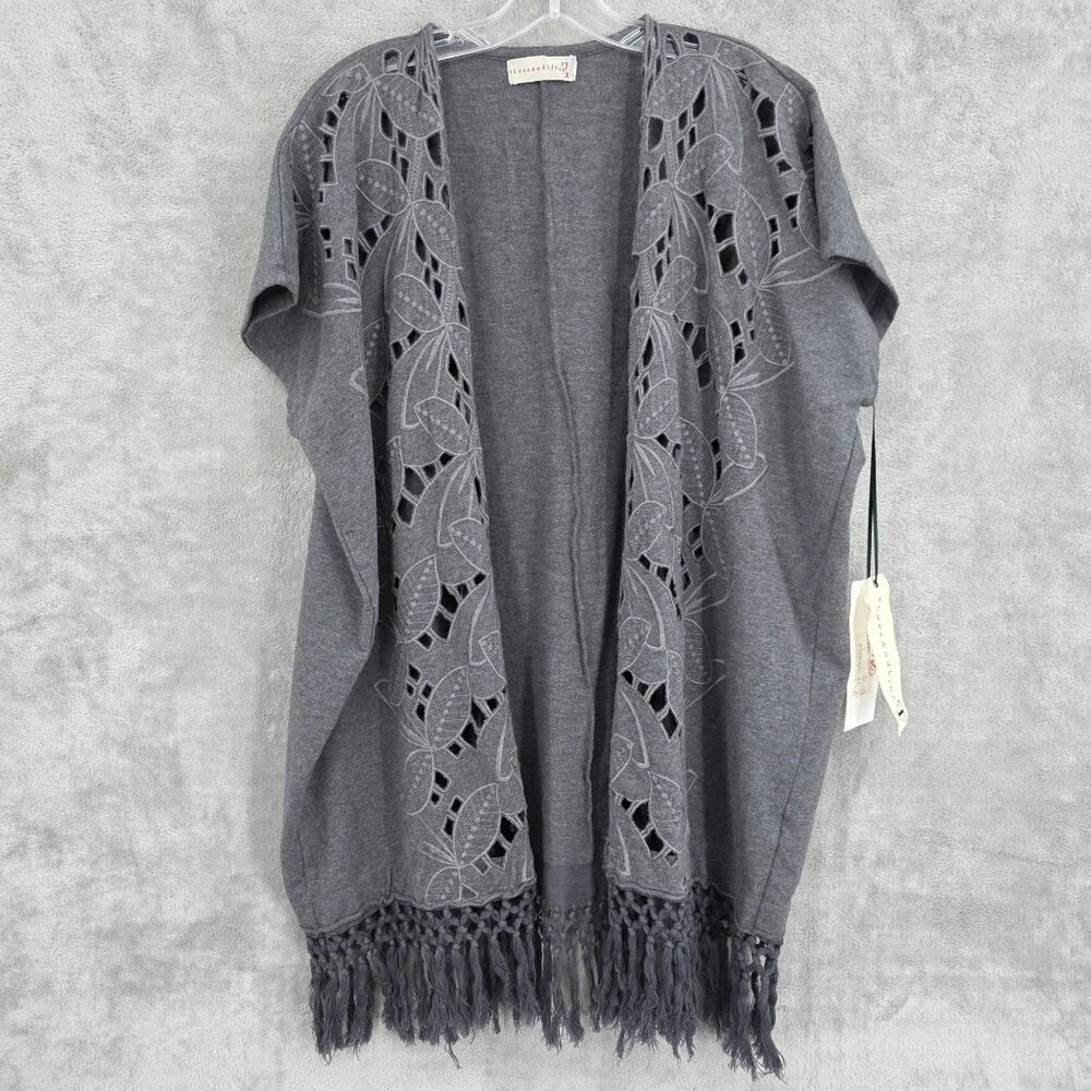 4 Love and Liberty Cardigan Top XS Charcoal Grey Heather Fringe Boho New FLAWED